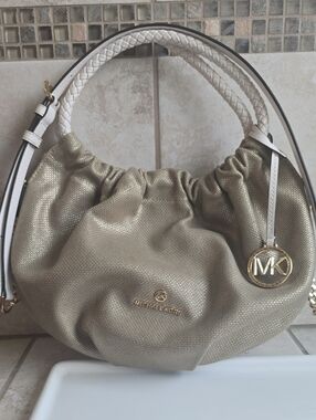 Michael Kors Metallic Gold Shoulder Hobo with White Braided Handles